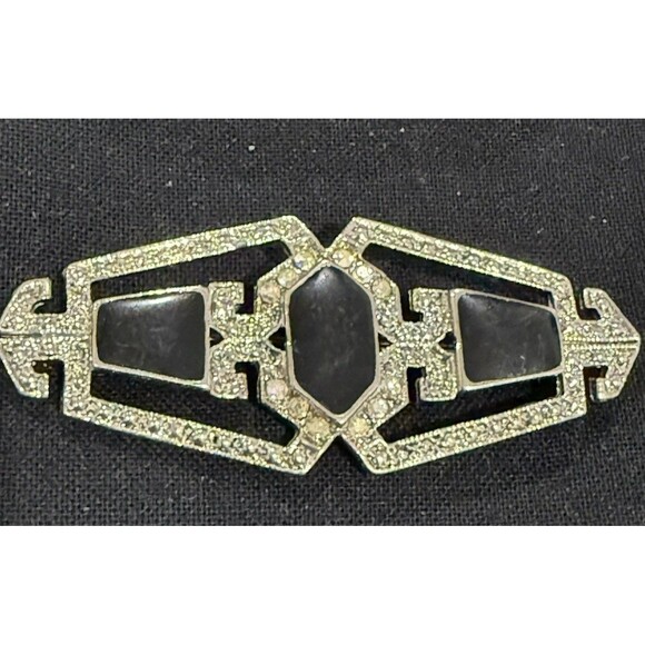 Lot of 3 Vintage Art Deco Style Brooches: MOP, Black Bar, Champagne Rhinestone - Picture 15 of 16